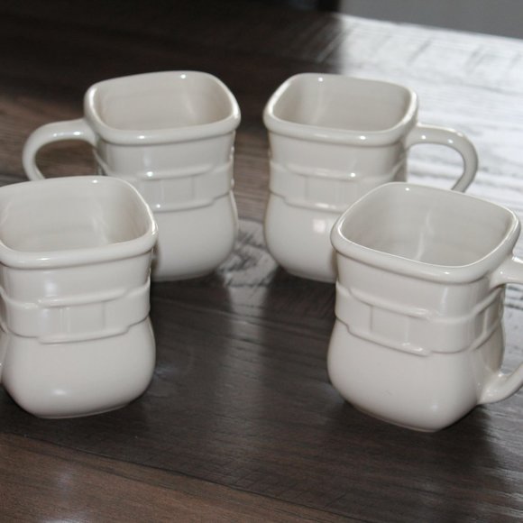 Longaberger Soft Square Ivory Mugs Set of 4 Vitrified Pottery - Picture 1 of 4